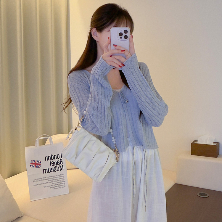 ボタンクロップシースルーリブニットカーディガン(7color) SKY BLUE