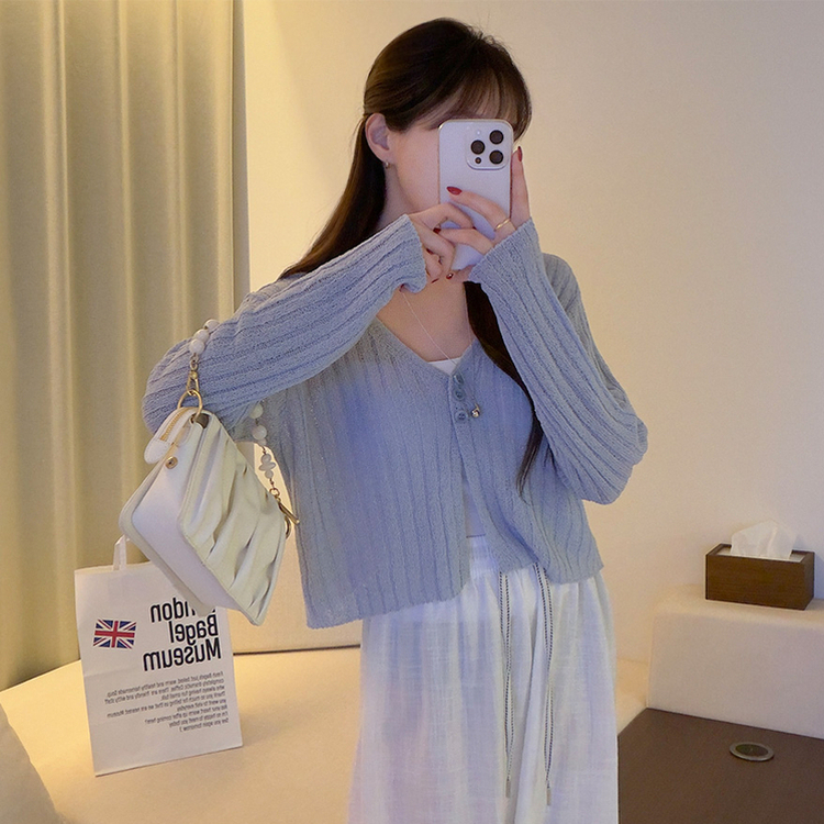 ボタンクロップシースルーリブニットカーディガン(7color) SKY BLUE