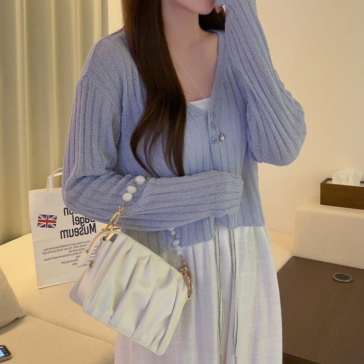 ボタンクロップシースルーリブニットカーディガン(7color) SKY BLUE