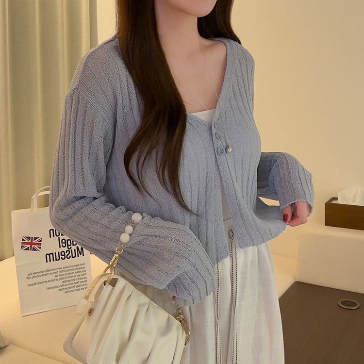 ボタンクロップシースルーリブニットカーディガン(7color) SKY BLUE