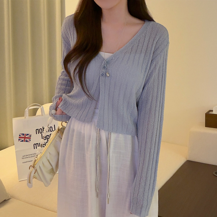 ボタンクロップシースルーリブニットカーディガン(7color) SKY BLUE