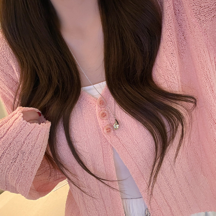 ボタンクロップシースルーリブニットカーディガン(7color) PINK