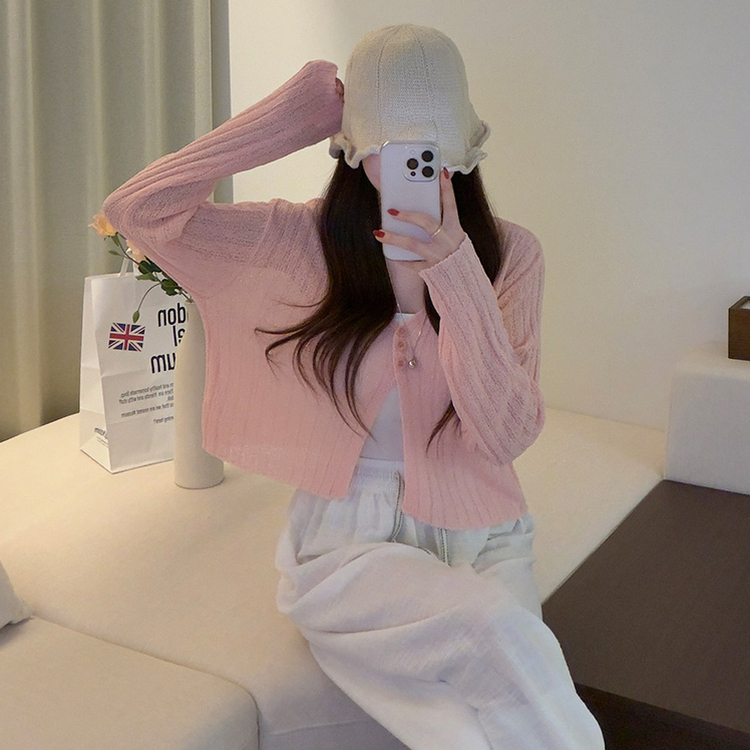 ボタンクロップシースルーリブニットカーディガン(7color) PINK