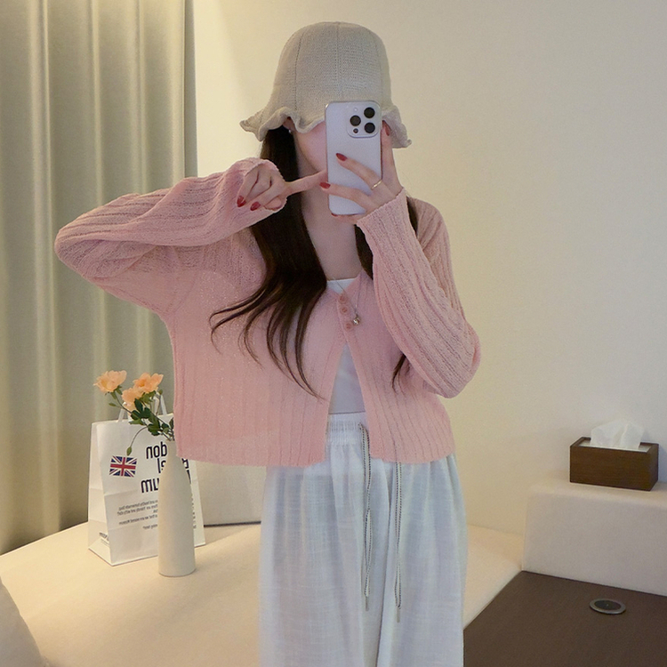 ボタンクロップシースルーリブニットカーディガン(7color) PINK