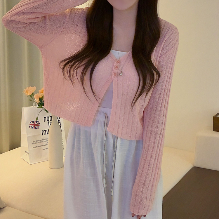 ボタンクロップシースルーリブニットカーディガン(7color) PINK