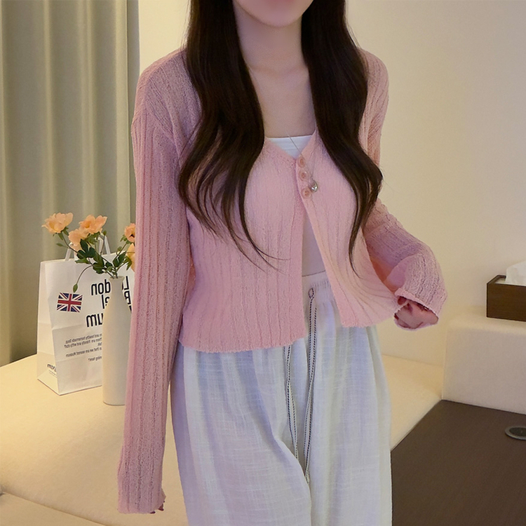 ボタンクロップシースルーリブニットカーディガン(7color) PINK