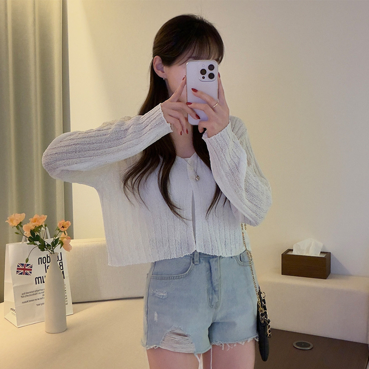 ボタンクロップシースルーリブニットカーディガン(7color) IVORY