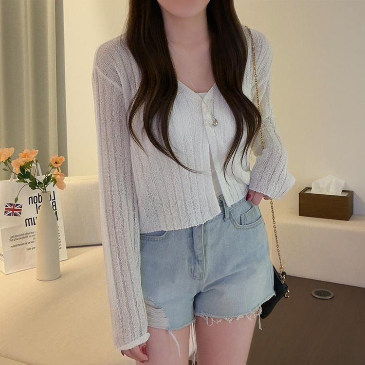 ボタンクロップシースルーリブニットカーディガン(7color) IVORY