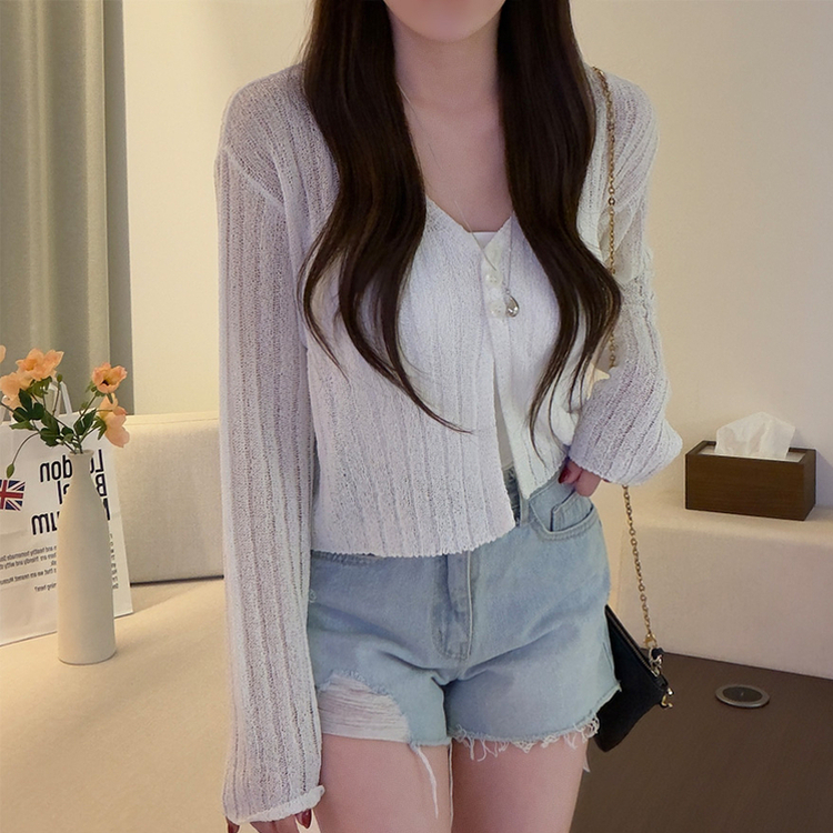 ボタンクロップシースルーリブニットカーディガン(7color) IVORY