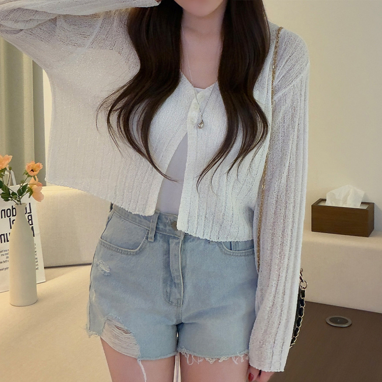 ボタンクロップシースルーリブニットカーディガン(7color) IVORY