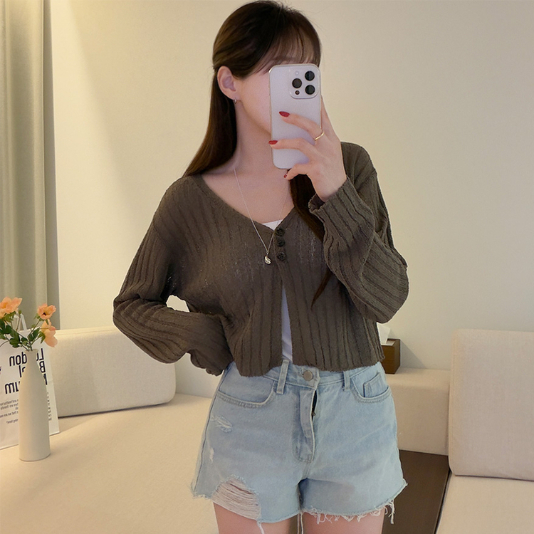 ボタンクロップシースルーリブニットカーディガン(7color) BROWN