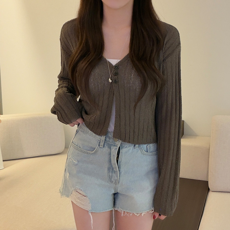 ボタンクロップシースルーリブニットカーディガン(7color) BROWN