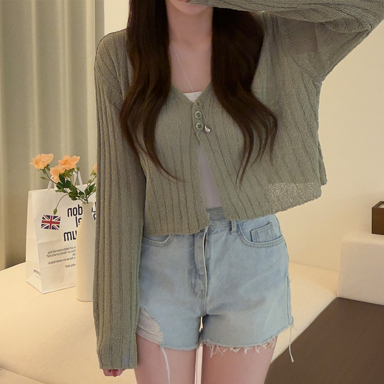 ボタンクロップシースルーリブニットカーディガン(7color) KHAKI