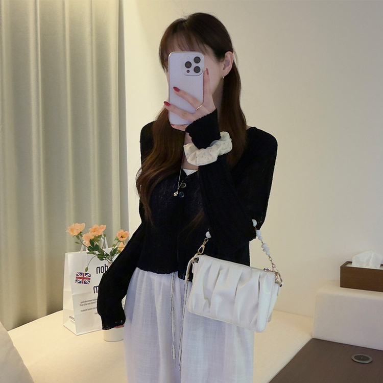 ボタンクロップシースルーリブニットカーディガン(7color) BLACK