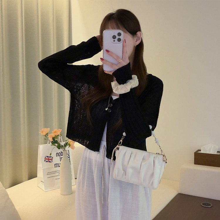 ボタンクロップシースルーリブニットカーディガン(7color) BLACK