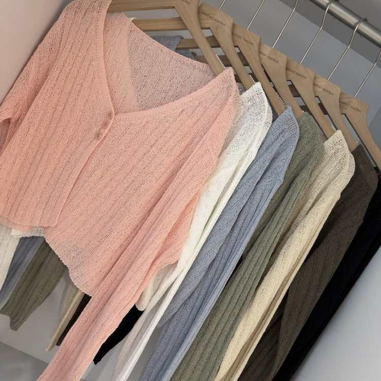 ボタンクロップシースルーリブニットカーディガン(7color)