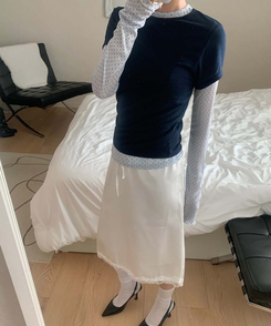 レイヤードットトップス＋無地半袖Tシャツ NAVY