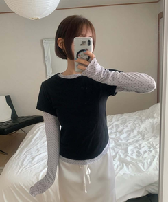 レイヤードットトップス＋無地半袖Tシャツ BLACK