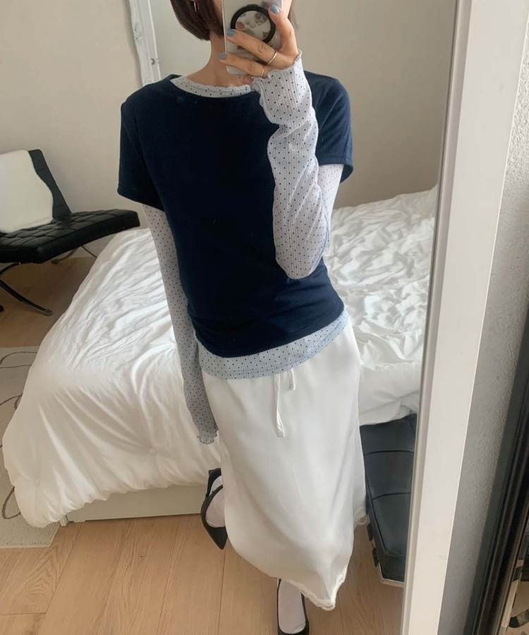 レイヤードットトップス＋無地半袖Tシャツ NAVY