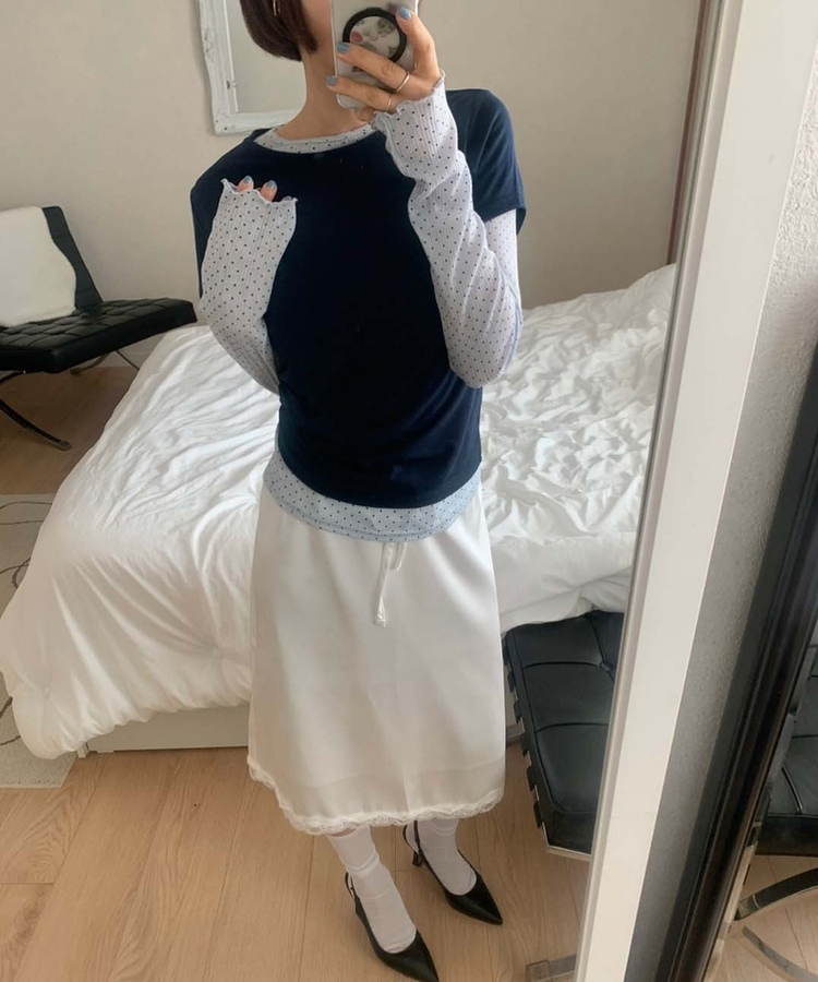 レイヤードットトップス＋無地半袖Tシャツ NAVY