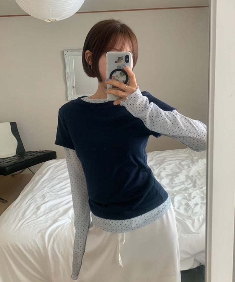 レイヤードットトップス＋無地半袖Tシャツ NAVY