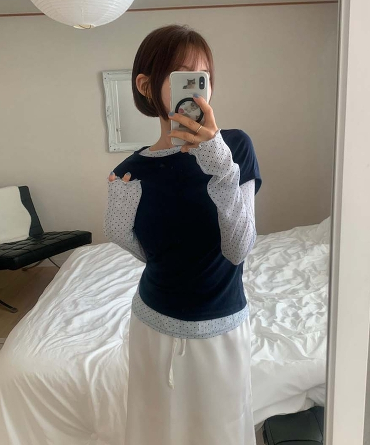 レイヤードットトップス＋無地半袖Tシャツ NAVY