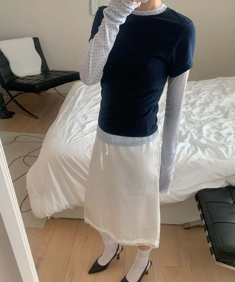 レイヤードットトップス＋無地半袖Tシャツ NAVY