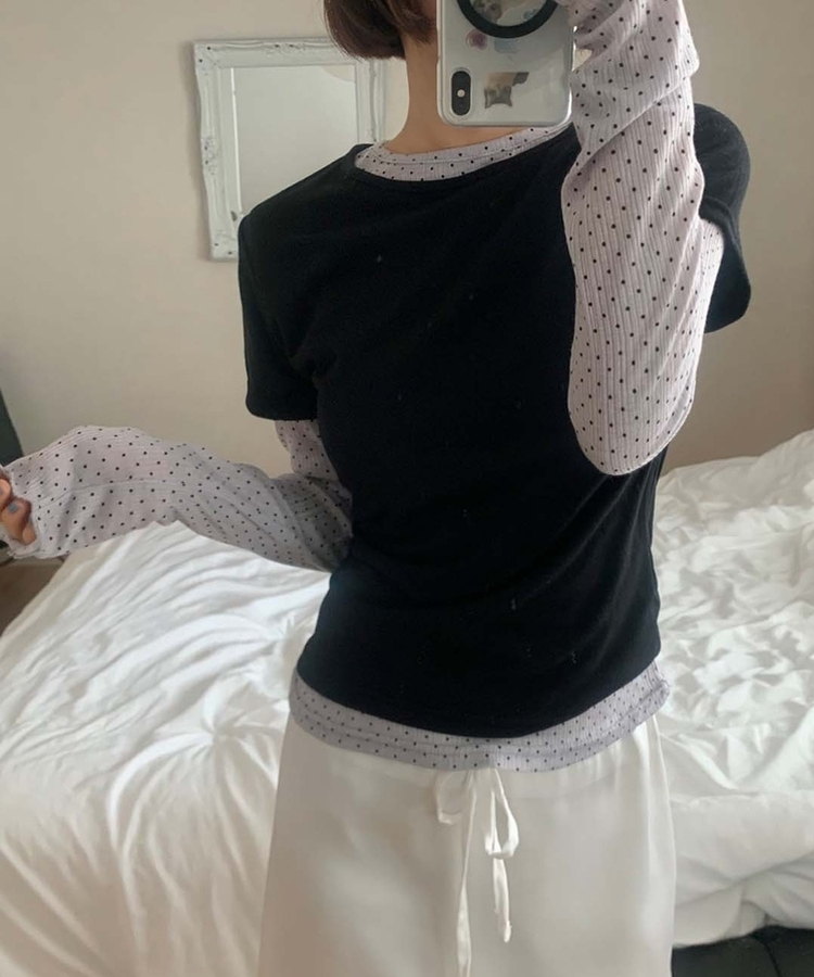 レイヤードットトップス＋無地半袖Tシャツ BLACK