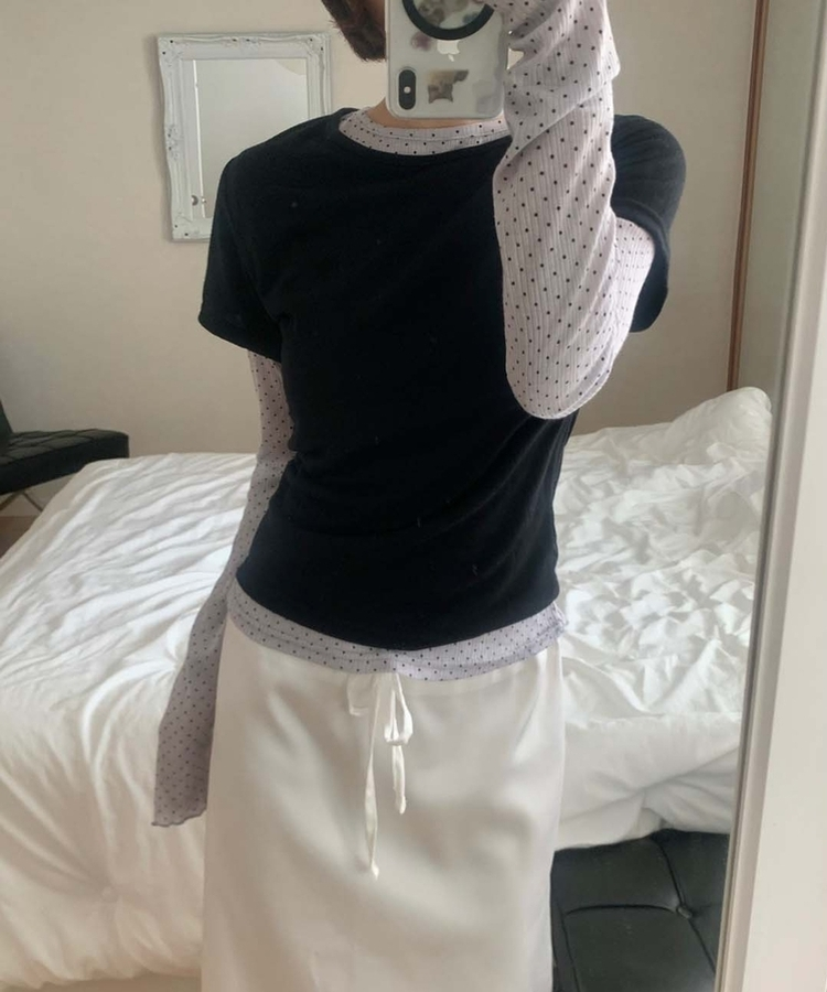 レイヤードットトップス＋無地半袖Tシャツ BLACK