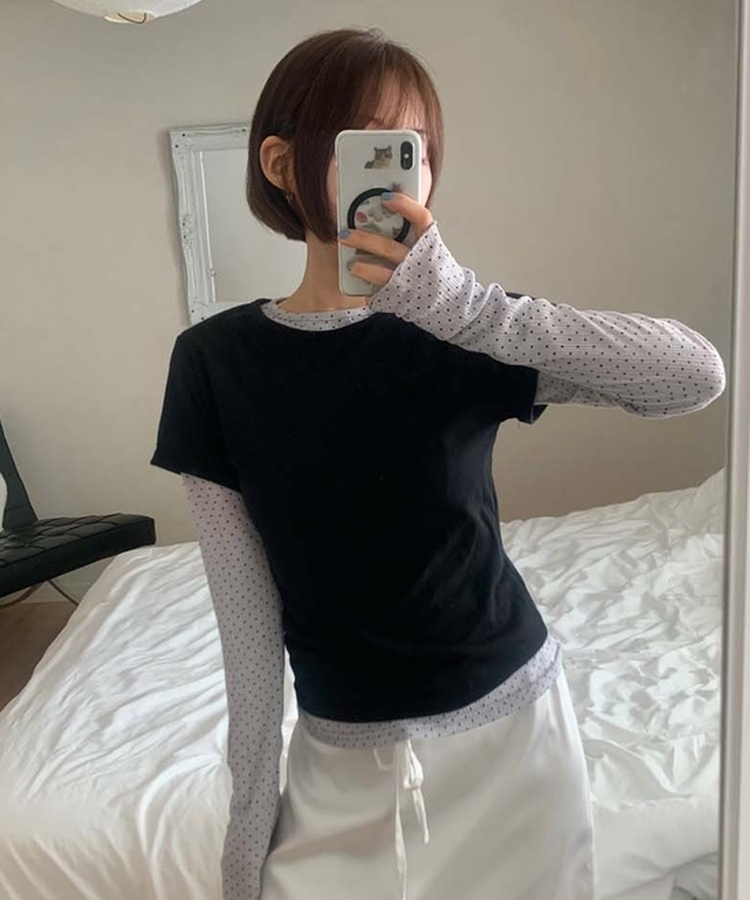 レイヤードットトップス＋無地半袖Tシャツ BLACK