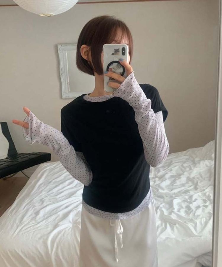 レイヤードットトップス＋無地半袖Tシャツ BLACK