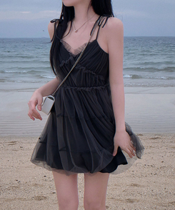 フリルリボンティアードキャミミニワンピース BLACK