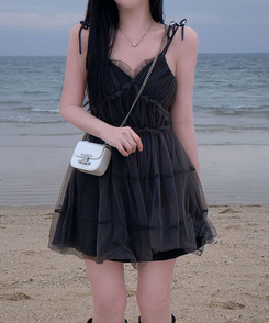 フリルリボンティアードキャミミニワンピース BLACK