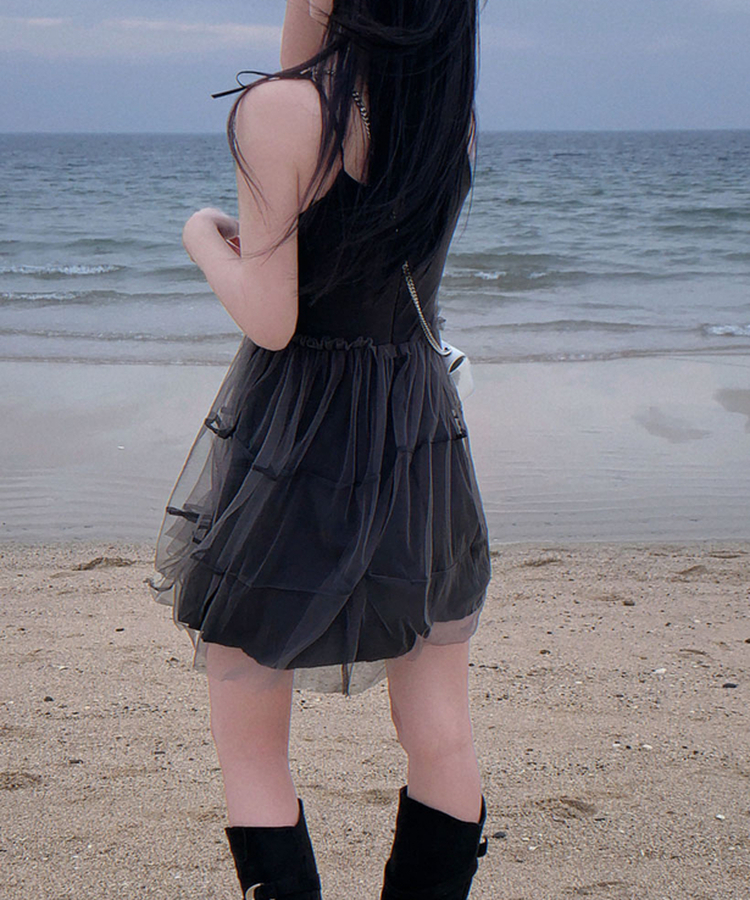 フリルリボンティアードキャミミニワンピース BLACK