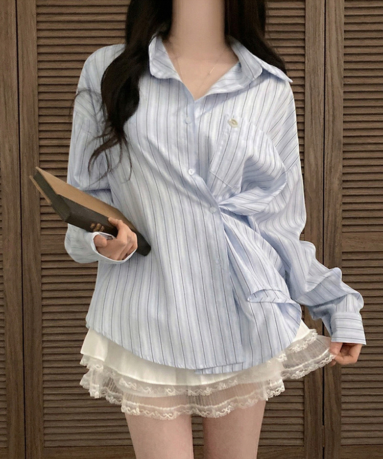 [️투웨이/핏보장️] 선데이 팬던트 스트라이프 루즈핏 투웨이 사이드 버튼 셔츠 블루