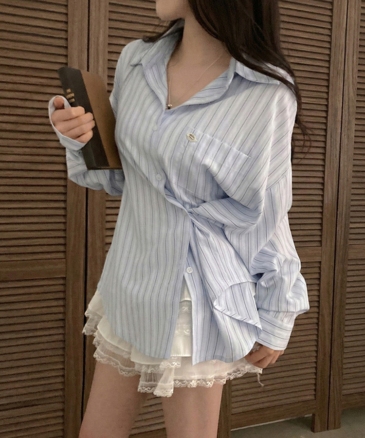 [️투웨이/핏보장️] 선데이 팬던트 스트라이프 루즈핏 투웨이 사이드 버튼 셔츠 블루