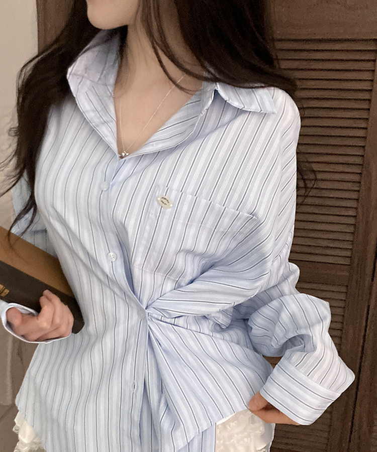 [️투웨이/핏보장️] 선데이 팬던트 스트라이프 루즈핏 투웨이 사이드 버튼 셔츠 블루