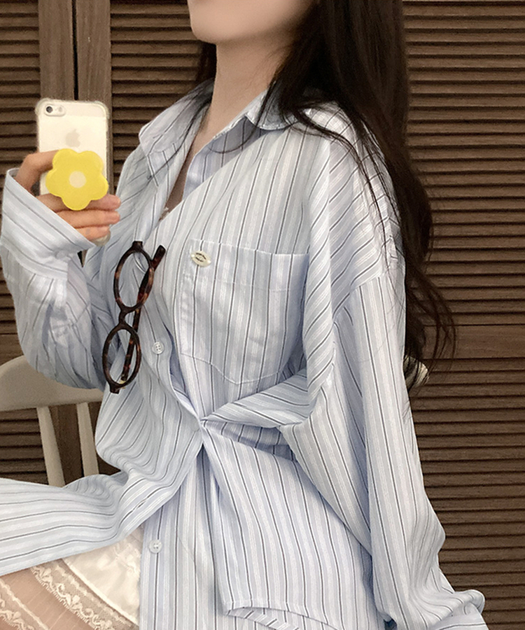 [️투웨이/핏보장️] 선데이 팬던트 스트라이프 루즈핏 투웨이 사이드 버튼 셔츠 블루