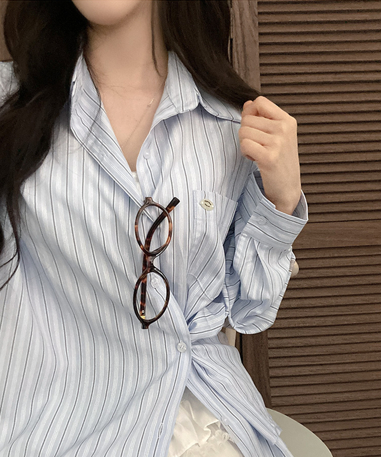 [️투웨이/핏보장️] 선데이 팬던트 스트라이프 루즈핏 투웨이 사이드 버튼 셔츠 블루