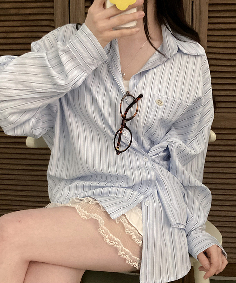 [️투웨이/핏보장️] 선데이 팬던트 스트라이프 루즈핏 투웨이 사이드 버튼 셔츠 블루