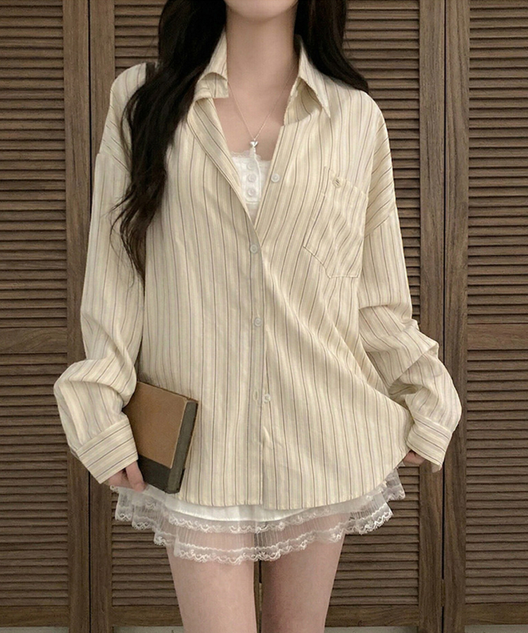 [️투웨이/핏보장️] 선데이 팬던트 스트라이프 루즈핏 투웨이 사이드 버튼 셔츠 베이지