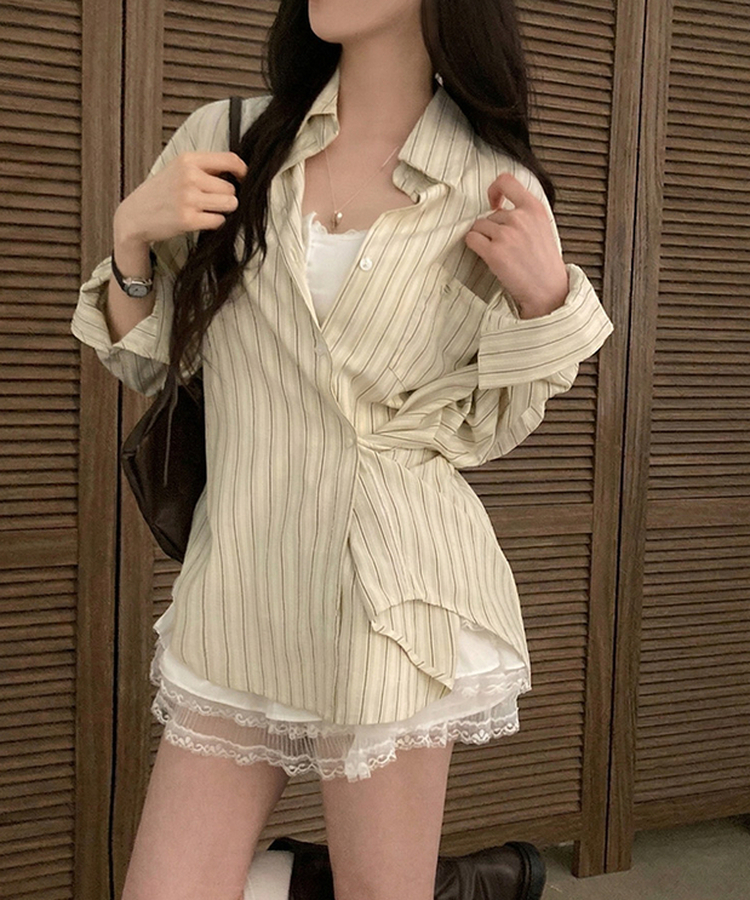 [️투웨이/핏보장️] 선데이 팬던트 스트라이프 루즈핏 투웨이 사이드 버튼 셔츠 베이지