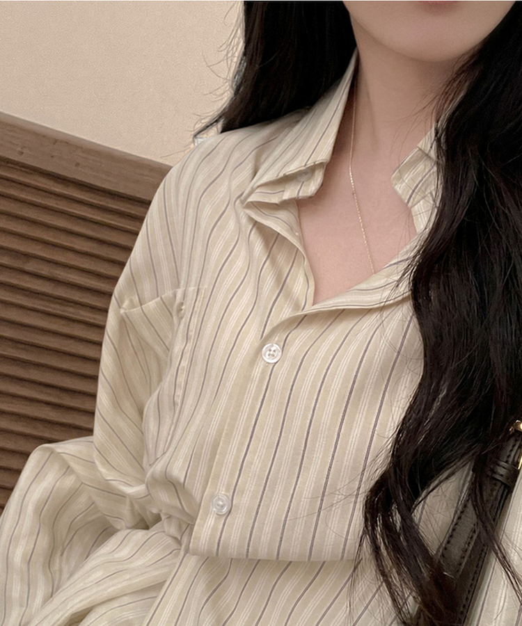 [️투웨이/핏보장️] 선데이 팬던트 스트라이프 루즈핏 투웨이 사이드 버튼 셔츠 베이지