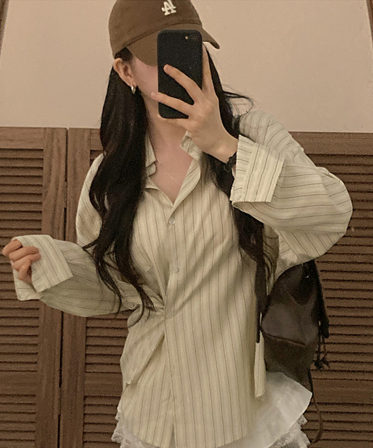 [️투웨이/핏보장️] 선데이 팬던트 스트라이프 루즈핏 투웨이 사이드 버튼 셔츠 베이지