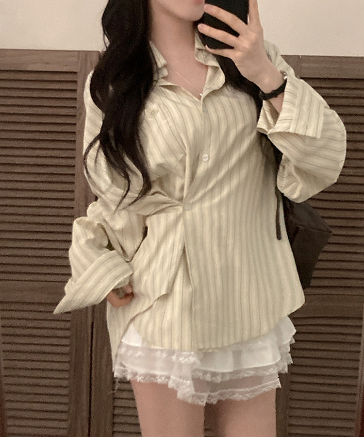 [️투웨이/핏보장️] 선데이 팬던트 스트라이프 루즈핏 투웨이 사이드 버튼 셔츠 베이지