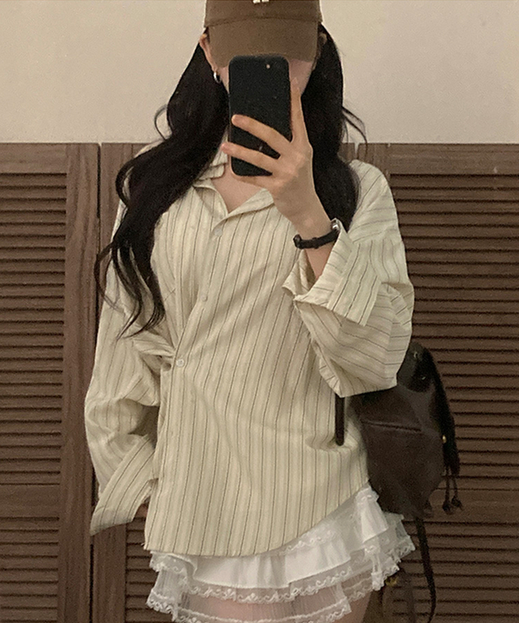 [️투웨이/핏보장️] 선데이 팬던트 스트라이프 루즈핏 투웨이 사이드 버튼 셔츠 베이지