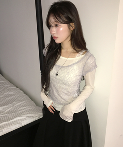 【SET】レースレイヤード半袖ニット＋シンプル長袖トップス IVORY