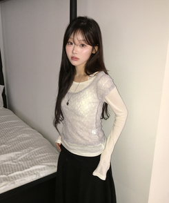 【SET】レースレイヤード半袖ニット＋シンプル長袖トップス IVORY