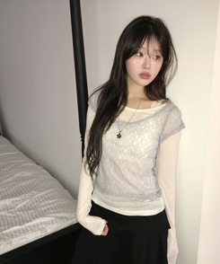 【SET】レースレイヤード半袖ニット＋シンプル長袖トップス IVORY