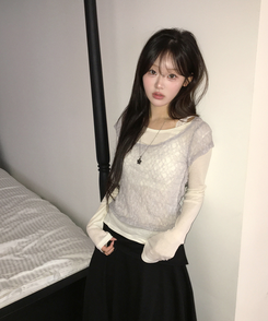 【SET】レースレイヤード半袖ニット＋シンプル長袖トップス IVORY